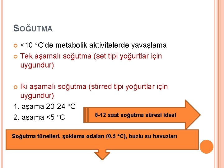 SOĞUTMA <10 C’de metabolik aktivitelerde yavaşlama Tek aşamalı soğutma (set tipi yoğurtlar için uygundur)