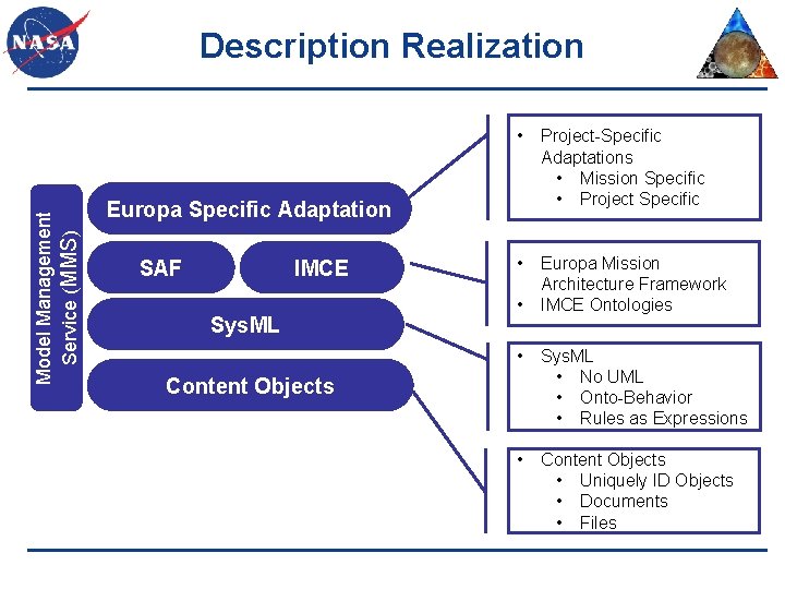 Model Management Service (MMS) Description Realization • Project-Specific Adaptations • Mission Specific • Project