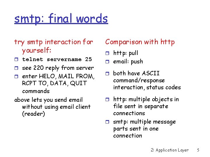 smtp: final words try smtp interaction for yourself: Comparison with http r telnet servername