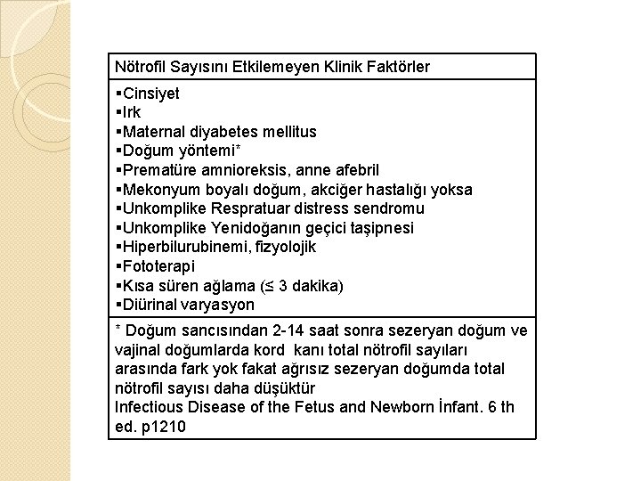 Nötrofil Sayısını Etkilemeyen Klinik Faktörler §Cinsiyet §Irk §Maternal diyabetes mellitus §Doğum yöntemi* §Prematüre amnioreksis,