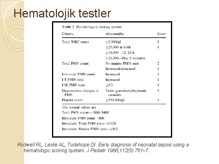 Hematolojik testler Rodwell RL, Leslie AL, Tudehope DI. Early diagnosis of neonatal sepsis using