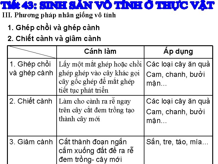 III. Phương pháp nhân giống vô tính 1. Ghép chồi và ghép cành 2.