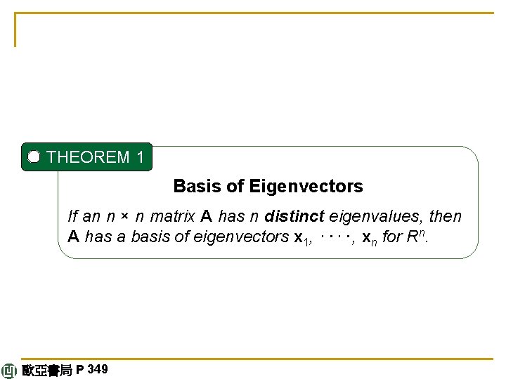 THEOREM 1 Basis of Eigenvectors If an n × n matrix A has n