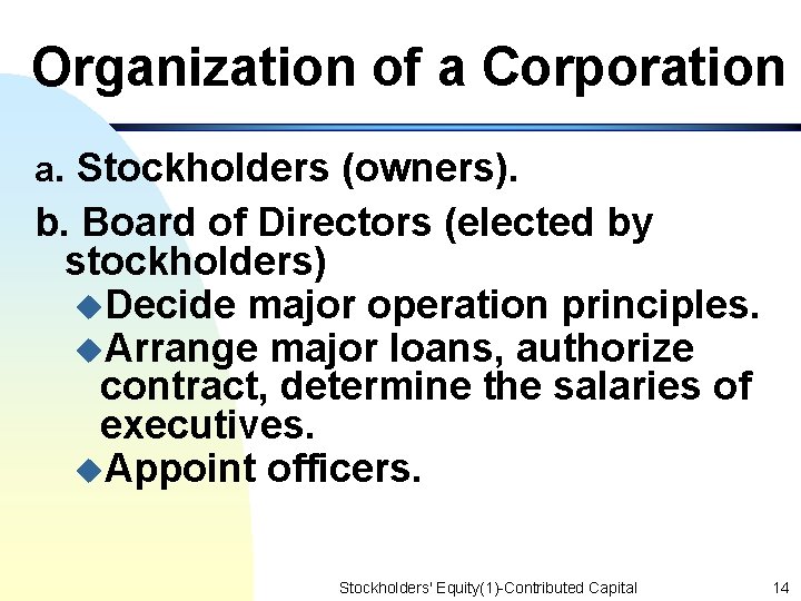 Organization of a Corporation a. Stockholders (owners). b. Board of Directors (elected by stockholders)