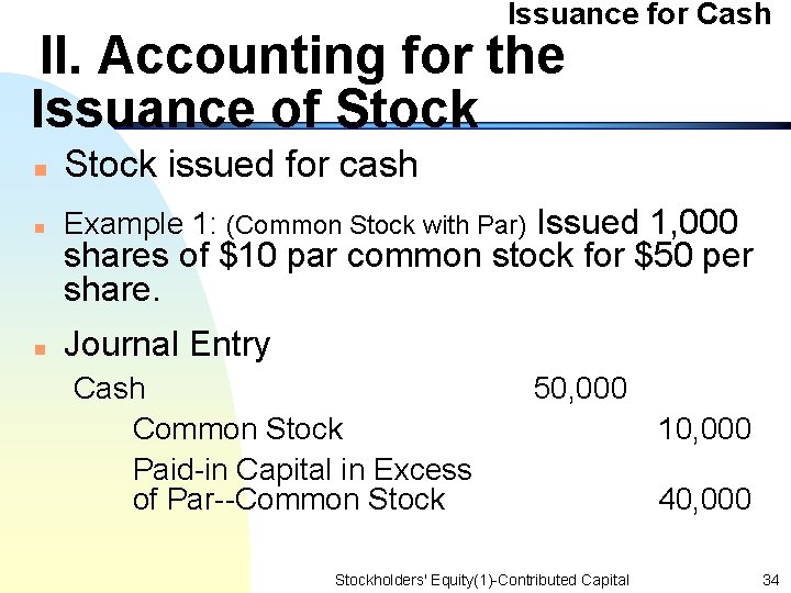 Issuance for Cash II. Accounting for the Issuance of Stock n Stock issued for