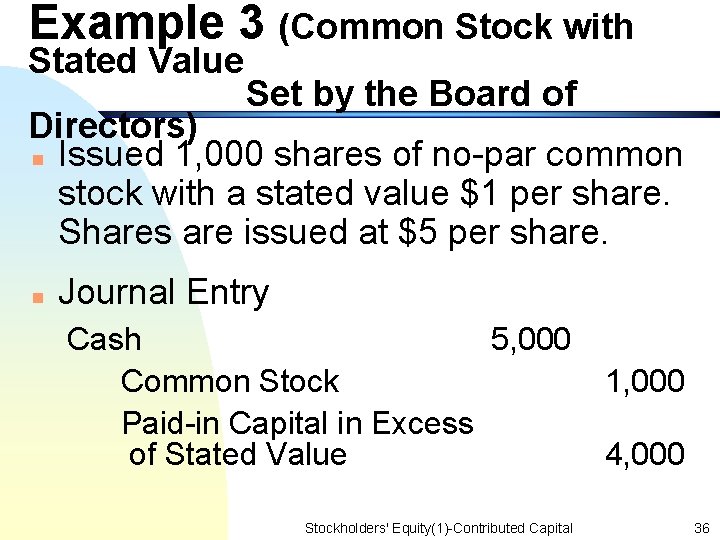 Example 3 (Common Stock with Stated Value Set by the Board of Directors) n