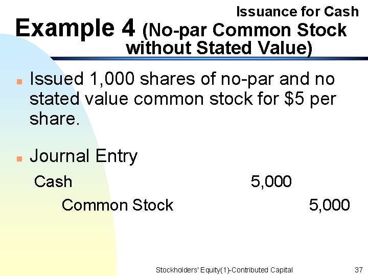 Issuance for Cash Example 4 (No-par Common Stock without Stated Value) n n Issued