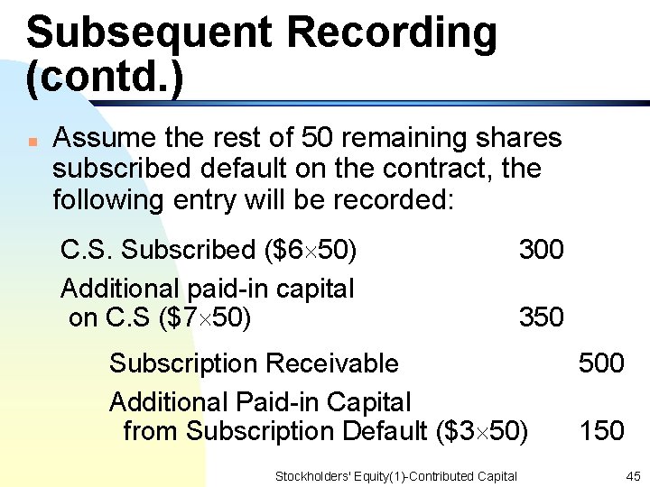 Subsequent Recording (contd. ) n Assume the rest of 50 remaining shares subscribed default