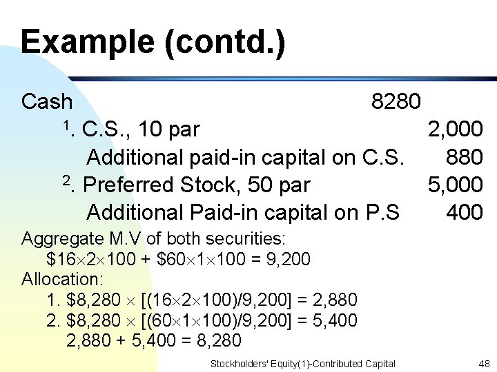 Example (contd. ) Cash 8280 1. C. S. , 10 par 2, 000 Additional