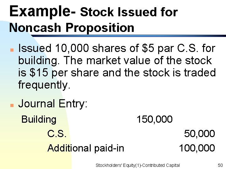 Example- Stock Issued for Noncash Proposition n n Issued 10, 000 shares of $5