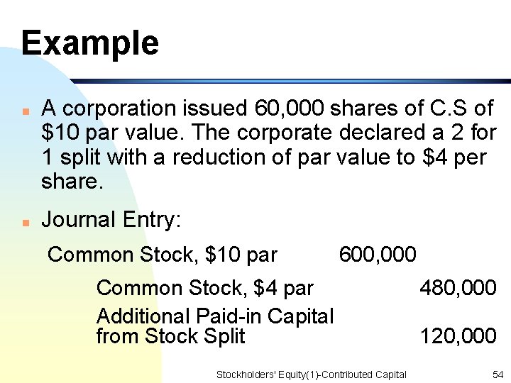 Example n n A corporation issued 60, 000 shares of C. S of $10