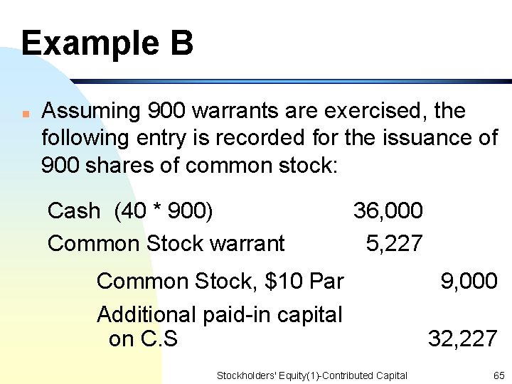 Example B n Assuming 900 warrants are exercised, the following entry is recorded for