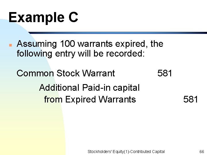 Example C n Assuming 100 warrants expired, the following entry will be recorded: Common