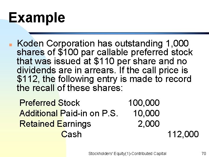 Example n Koden Corporation has outstanding 1, 000 shares of $100 par callable preferred