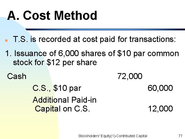 A. Cost Method n T. S. is recorded at cost paid for transactions: 1.