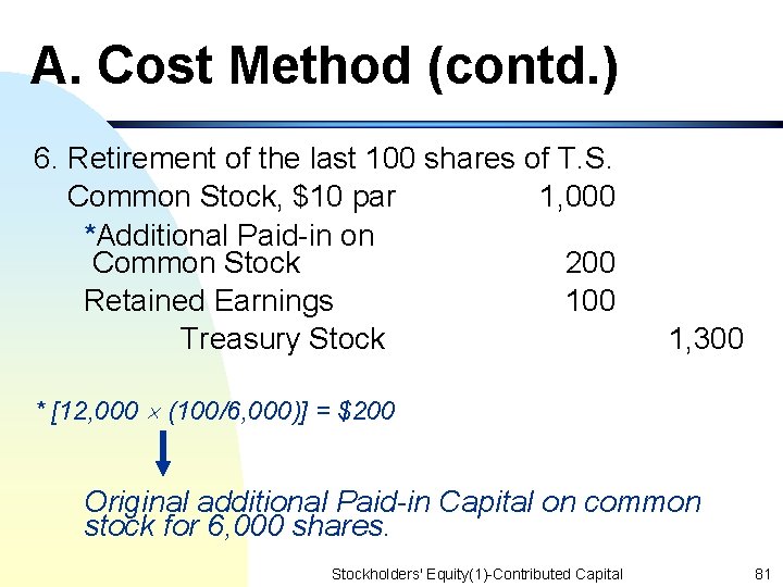A. Cost Method (contd. ) 6. Retirement of the last 100 shares of T.