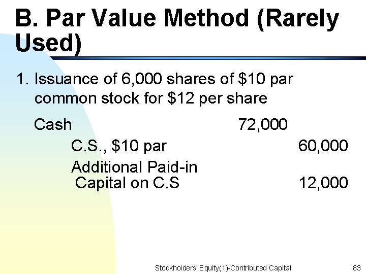 B. Par Value Method (Rarely Used) 1. Issuance of 6, 000 shares of $10