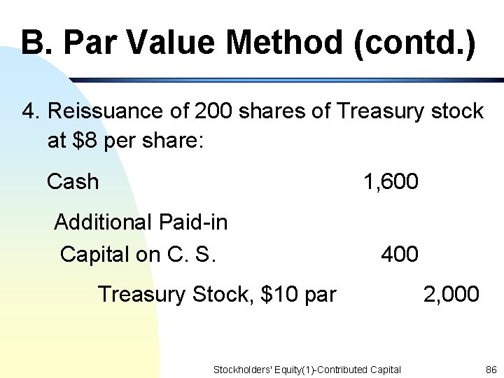 B. Par Value Method (contd. ) 4. Reissuance of 200 shares of Treasury stock