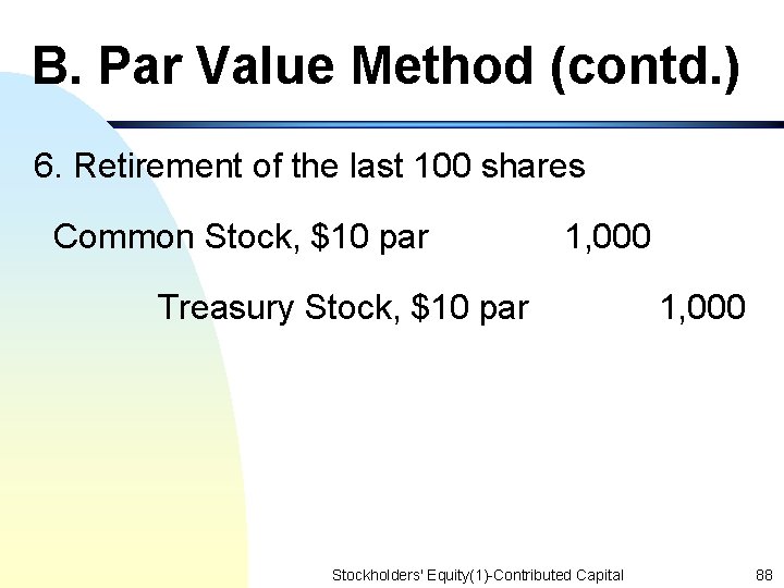 B. Par Value Method (contd. ) 6. Retirement of the last 100 shares Common