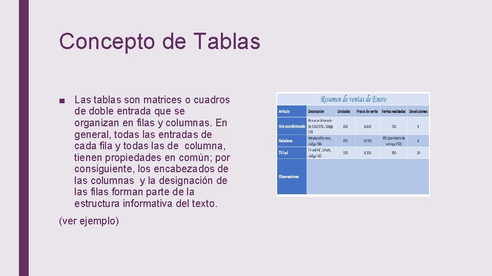 Concepto de Tablas ■ Las tablas son matrices o cuadros de doble entrada que