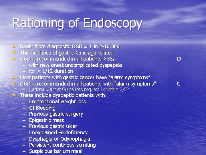 Rationing of Endoscopy • • • Death from diagnostic OGD = 1 in 2