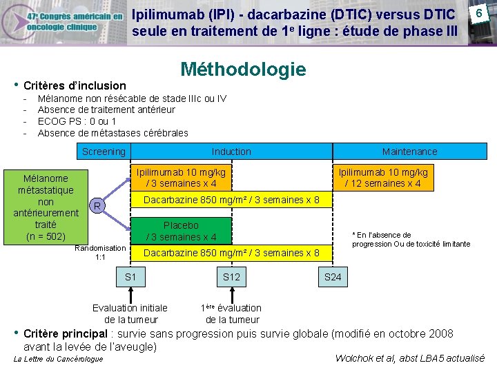 Ipilimumab (IPI) - dacarbazine (DTIC) versus DTIC seule en traitement de 1 e ligne Ipilimumab (IPI) - dacarbazine (DTIC) versus DTIC seule en traitement de 1 e ligne