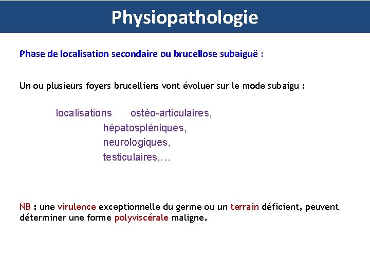 Physiopathologie Phase de localisation secondaire ou brucellose subaiguë : Un ou plusieurs foyers brucelliens