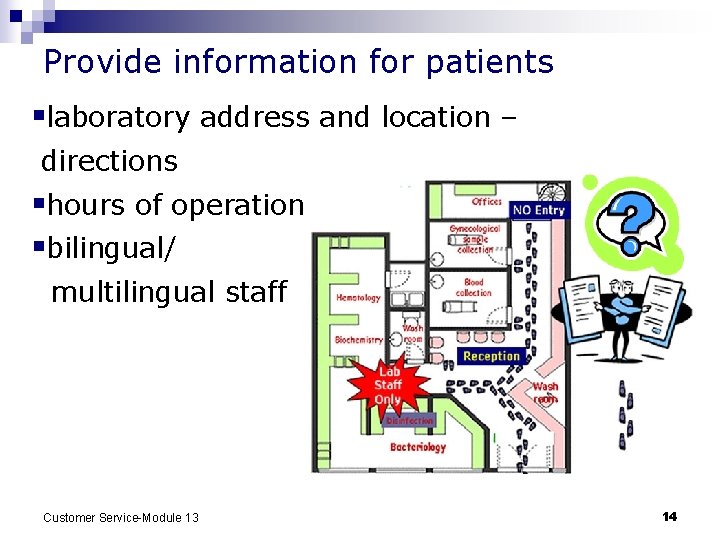 Provide information for patients §laboratory address and location – directions §hours of operation §bilingual/