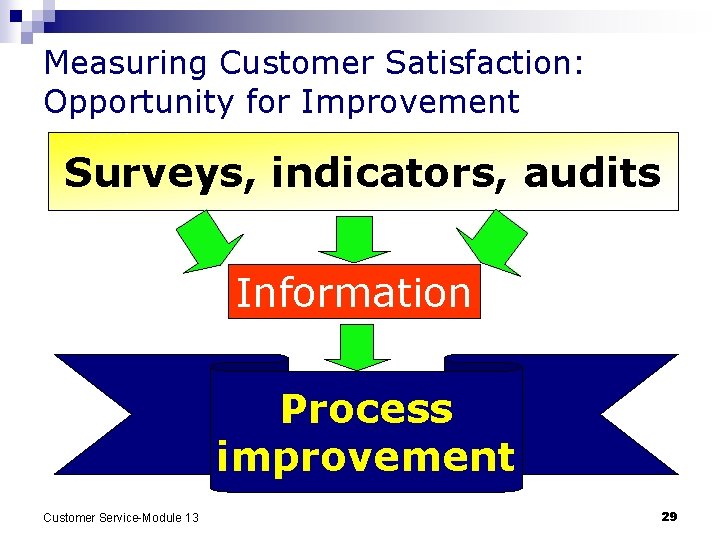 Measuring Customer Satisfaction: Opportunity for Improvement Surveys, indicators, audits Information Process improvement Customer Service-Module