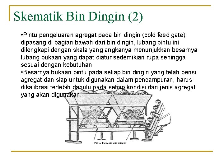 Skematik Bin Dingin (2) • Pintu pengeluaran agregat pada bin dingin (cold feed gate)
