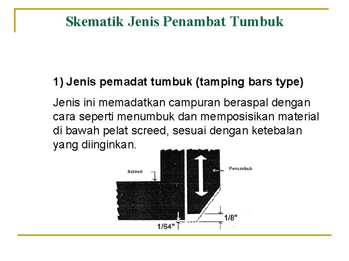 Skematik Jenis Penambat Tumbuk 1) Jenis pemadat tumbuk (tamping bars type) Jenis ini memadatkan Skematik Jenis Penambat Tumbuk 1) Jenis pemadat tumbuk (tamping bars type) Jenis ini memadatkan