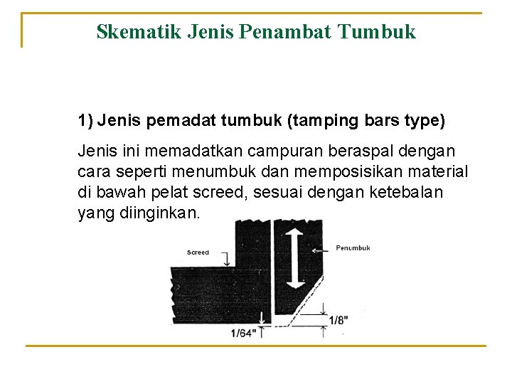 Skematik Jenis Penambat Tumbuk 1) Jenis pemadat tumbuk (tamping bars type) Jenis ini memadatkan