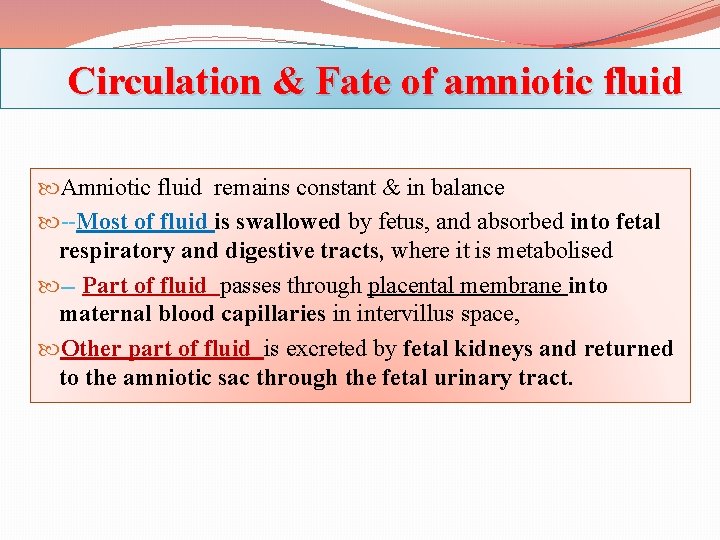 Circulation & Fate of amniotic fluid Amniotic fluid remains constant & in balance --Most
