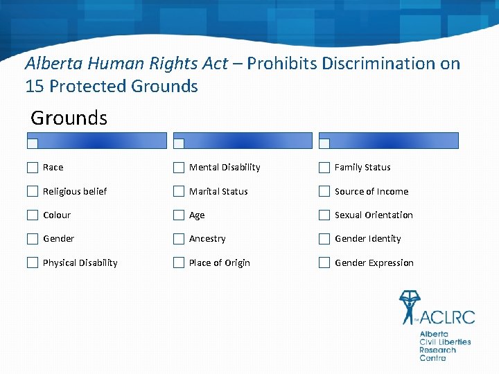 Alberta Human Rights Act – Prohibits Discrimination on 15 Protected Grounds Race Mental Disability