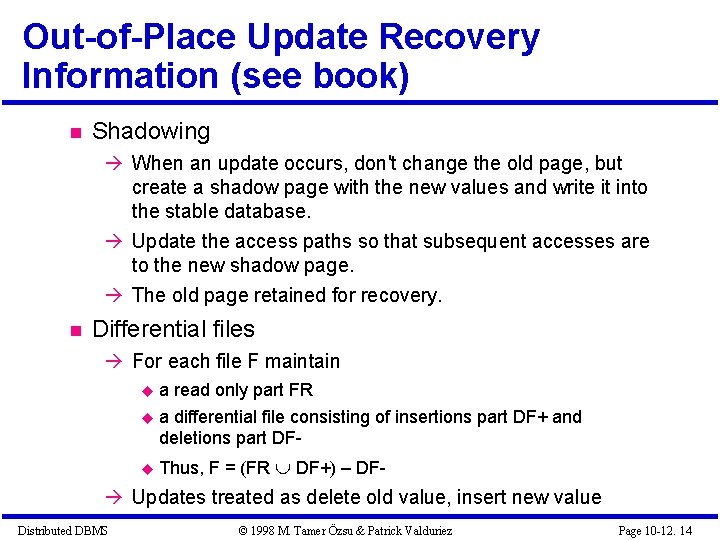 Out-of-Place Update Recovery Information (see book) Shadowing When an update occurs, don't change the