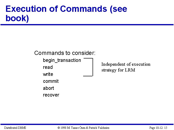 Execution of Commands (see book) Commands to consider: begin_transaction read write commit abort recover