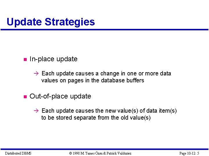 Update Strategies In-place update Each update causes a change in one or more data