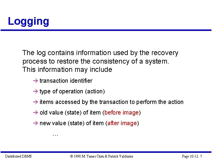 Logging The log contains information used by the recovery process to restore the consistency