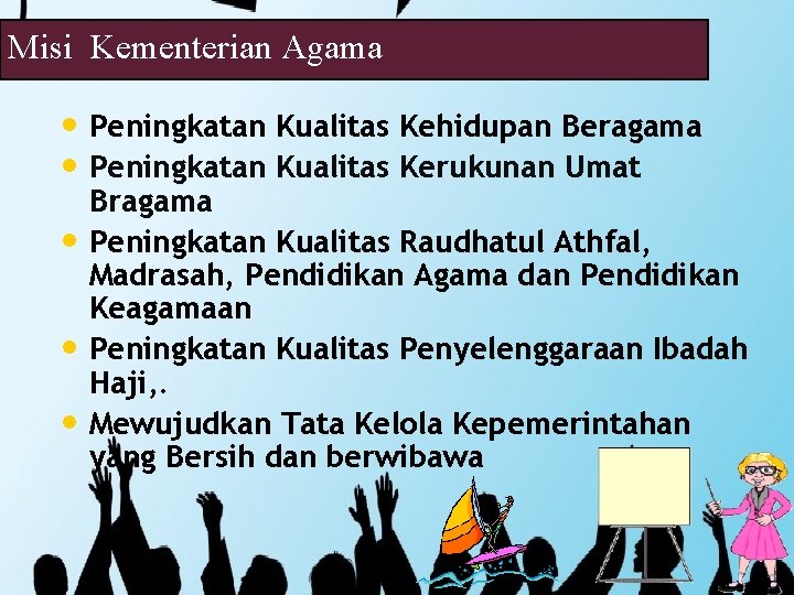 Misi Kementerian Agama • Peningkatan Kualitas Kehidupan Beragama • Peningkatan Kualitas Kerukunan Umat • Misi Kementerian Agama • Peningkatan Kualitas Kehidupan Beragama • Peningkatan Kualitas Kerukunan Umat •