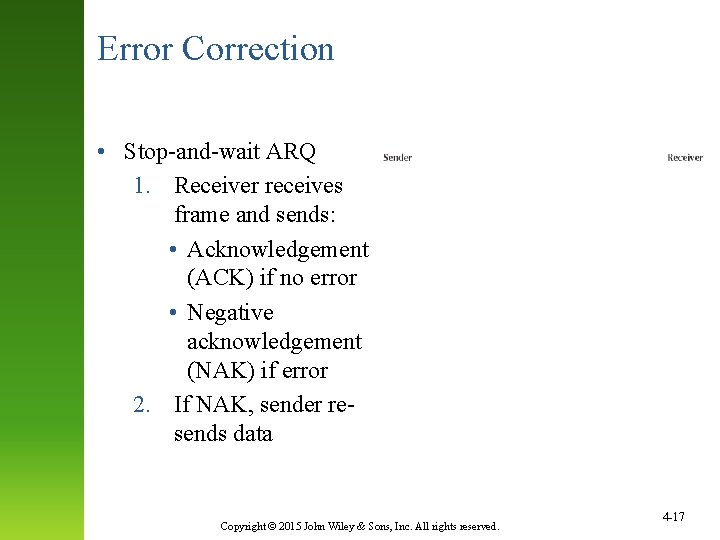 Error Correction • Stop-and-wait ARQ 1. Receiver receives frame and sends: • Acknowledgement (ACK)