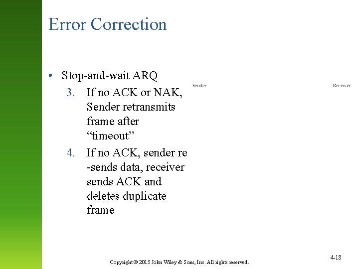 Error Correction • Stop-and-wait ARQ 3. If no ACK or NAK, Sender retransmits frame