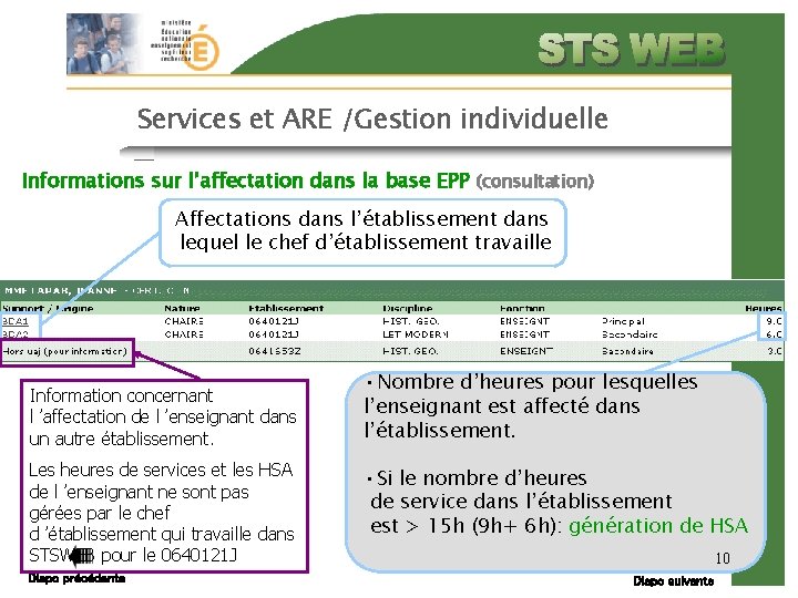 Services et ARE /Gestion individuelle Informations sur l’affectation dans la base EPP (consultation) Affectations