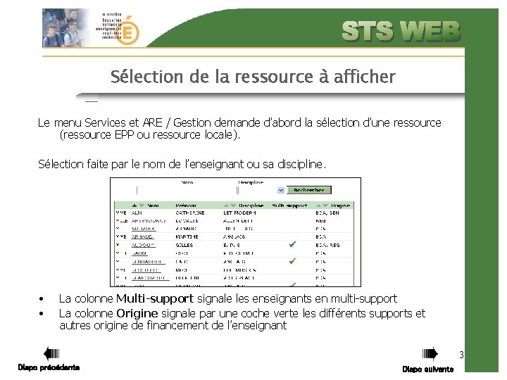 Sélection de la ressource à afficher Le menu Services et ARE / Gestion demande