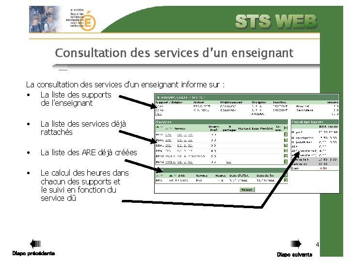 Consultation des services d’un enseignant La consultation des services d’un enseignant informe sur :