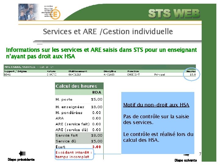 Services et ARE /Gestion individuelle Informations sur les services et ARE saisis dans STS