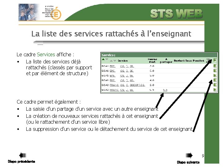 La liste des services rattachés à l’enseignant Le cadre Services affiche : • La