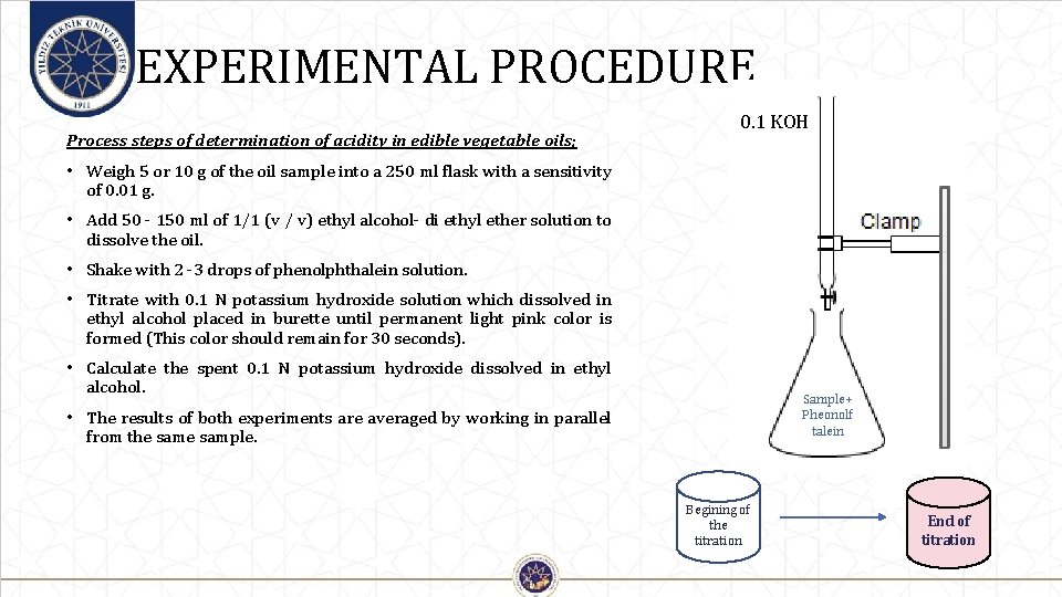 EXPERIMENTAL PROCEDURE Process steps of determination of acidity in edible vegetable oils; 0. 1