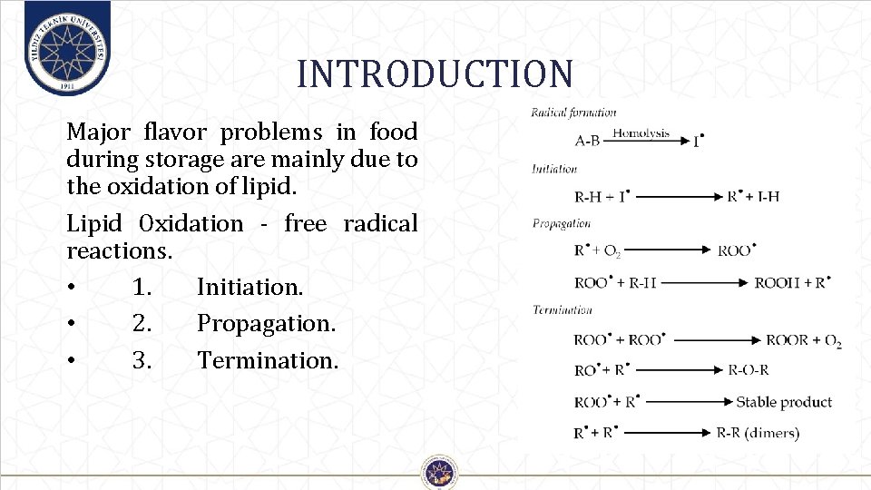 INTRODUCTION Major flavor problems in food during storage are mainly due to the oxidation