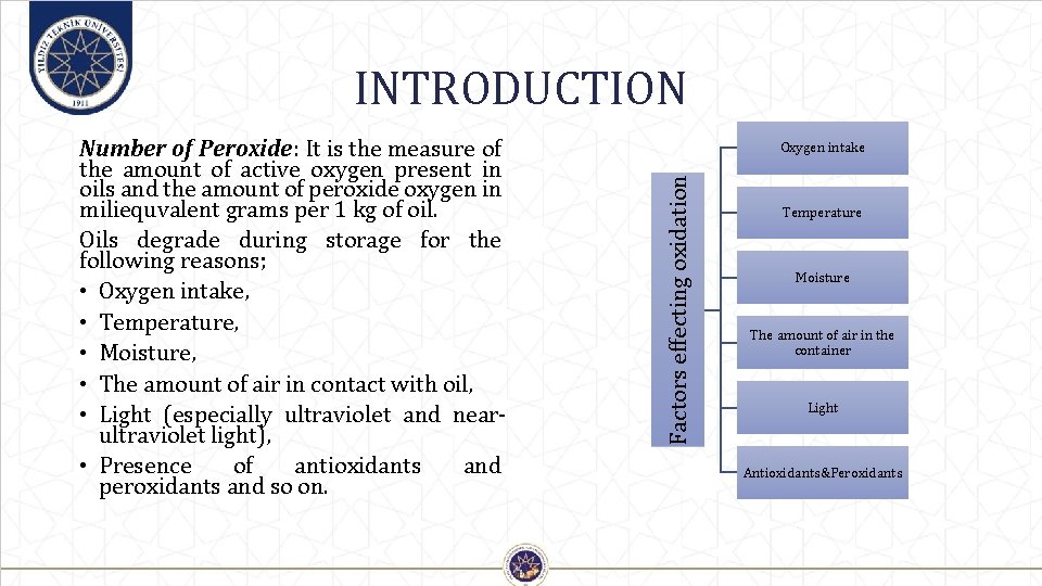 INTRODUCTION Oxygen intake Factors effecting oxidation Number of Peroxide: It is the measure of