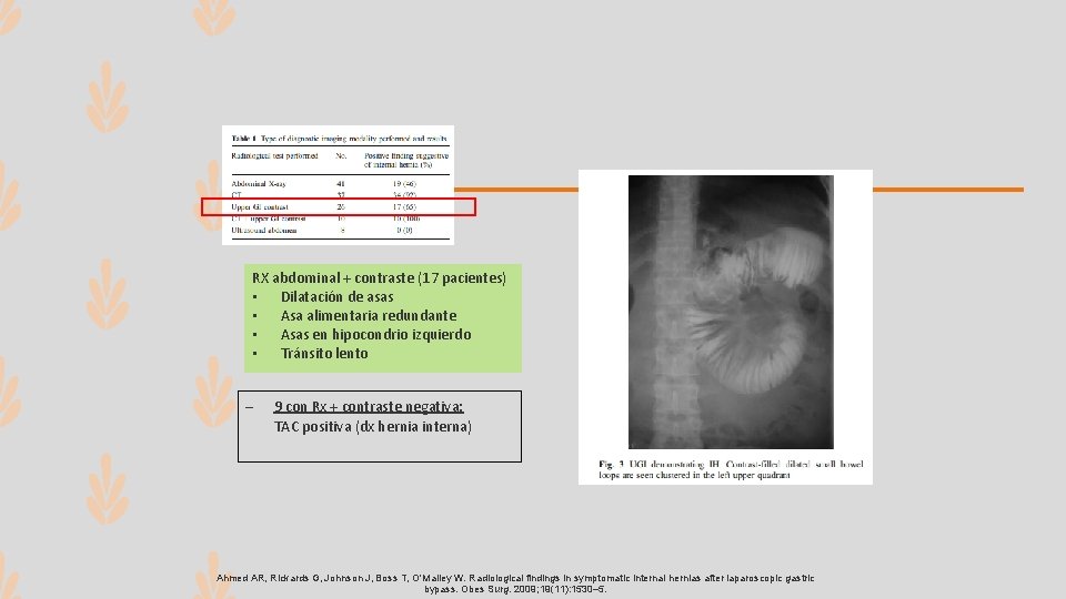 RX abdominal + contraste (17 pacientes) • Dilatación de asas • Asa alimentaria redundante